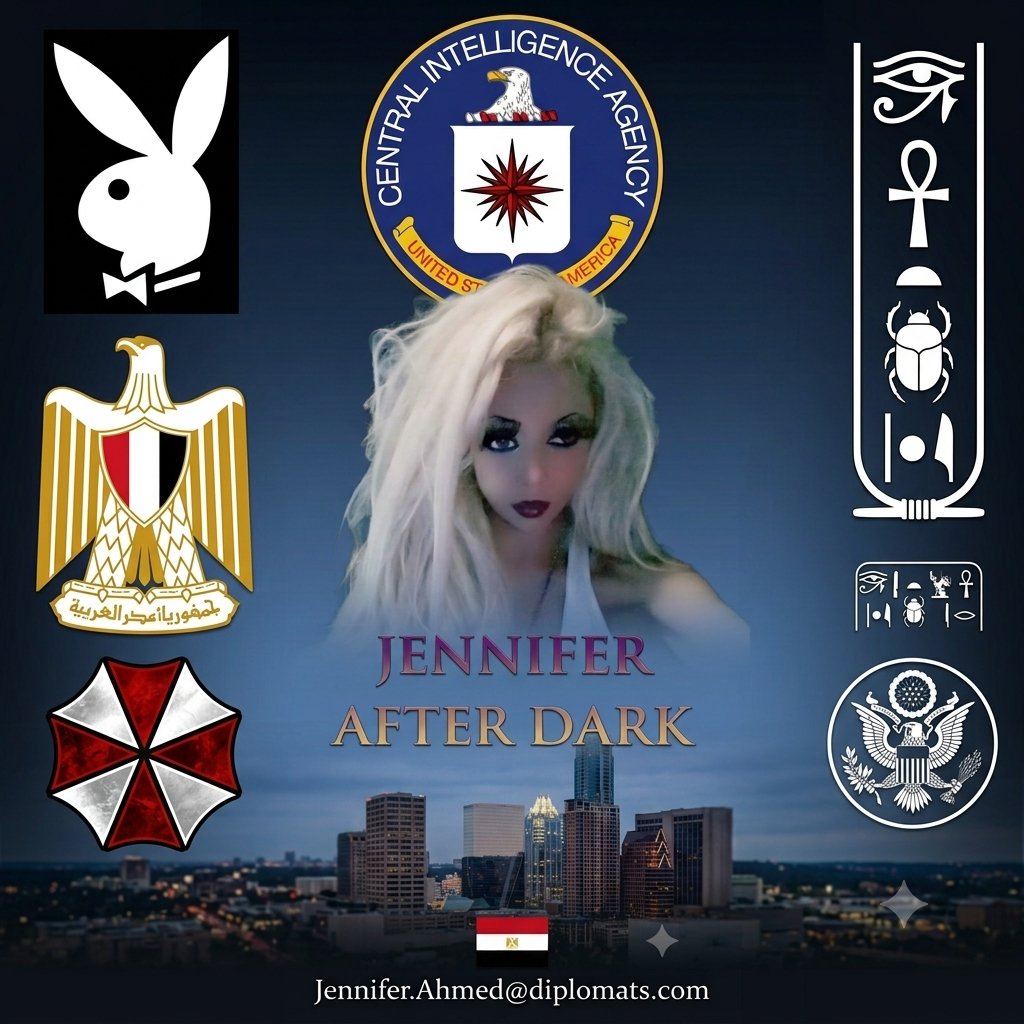Jennifer After Dark square portrait poster with Houston skyline and Egyptian emblems