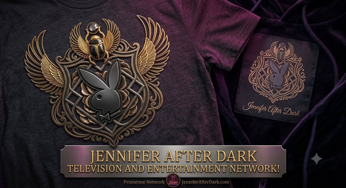 Jennifer After Dark Television and Entertainment Network black apparel with gold winged scarab artwork