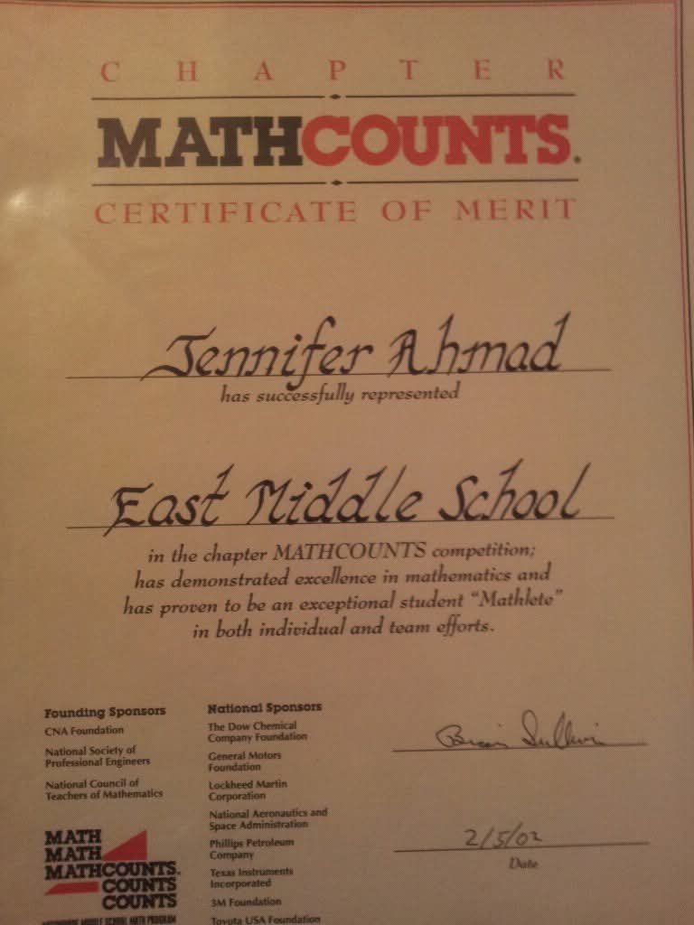 MathCounts Certificate of Merit from East Middle School