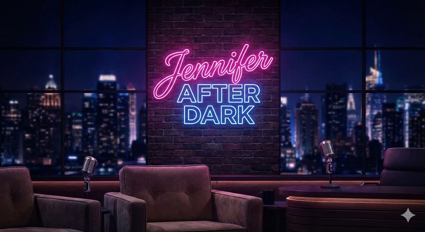 Jennifer After Dark neon sign in a late-night talk-show studio