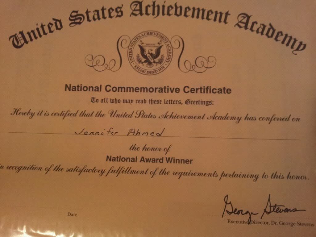 US Achievement Academy National Award Winner certificate