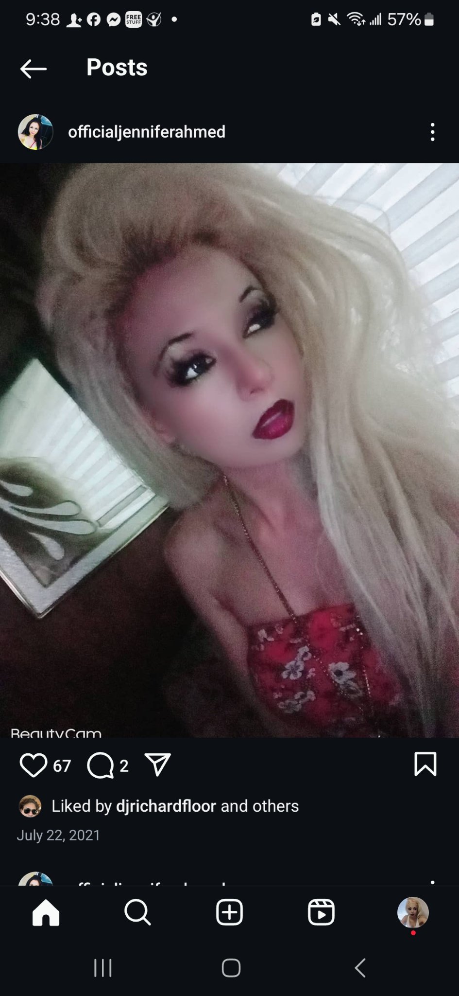 Jennifer Jorgensen Ahmed in a red floral top with voluminous blonde hair, from her Instagram
