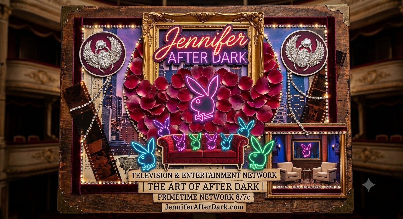 The Art of After Dark theatrical collage with jeweled scarabs, neon bunny emblems, and a television studio