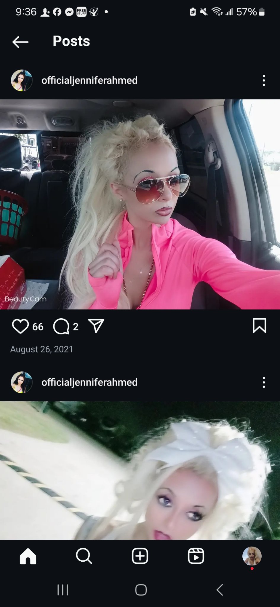 Jennifer Jorgensen Ahmed in a hot pink top and aviator sunglasses in a car selfie, from her Instagram