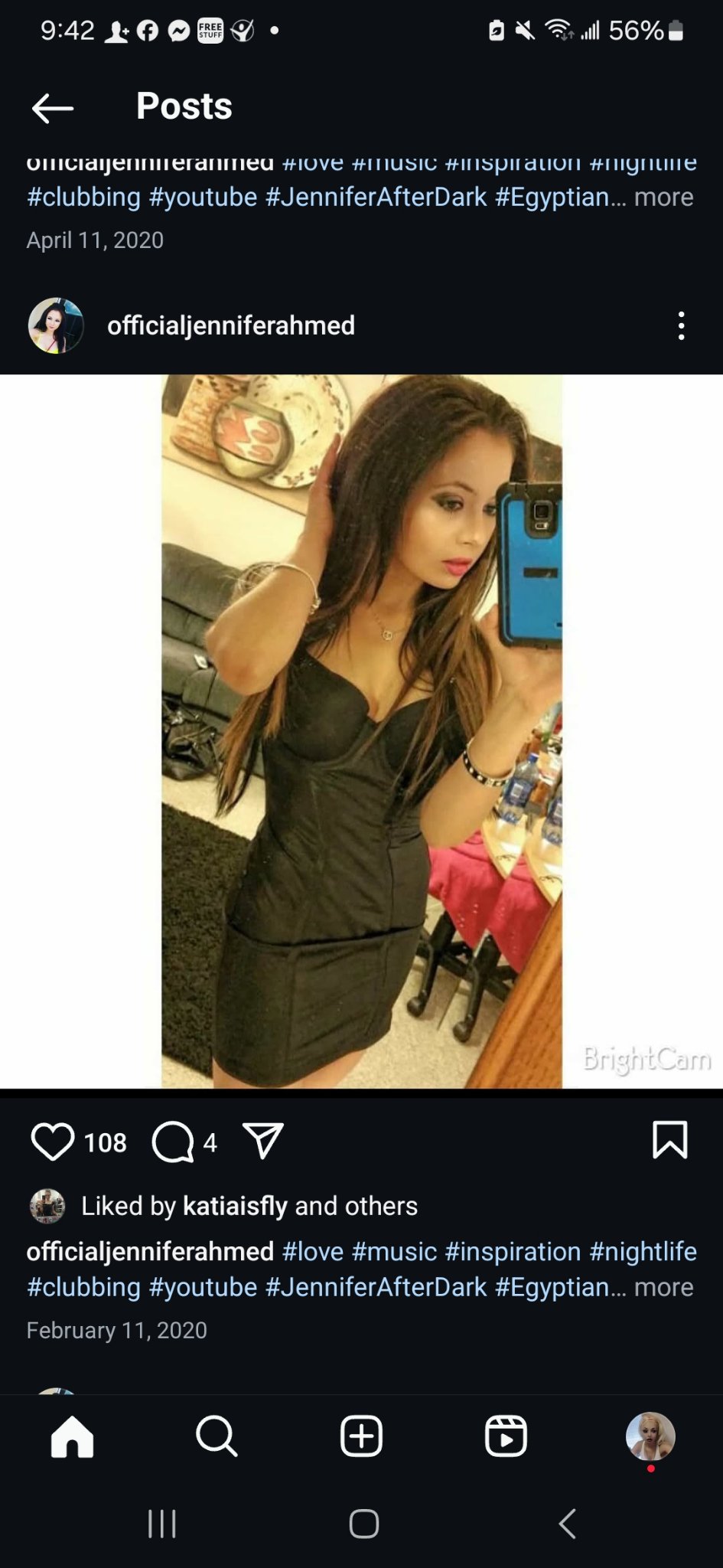 Jennifer Jorgensen Ahmed in a black dress taking a mirror selfie, from her Instagram
