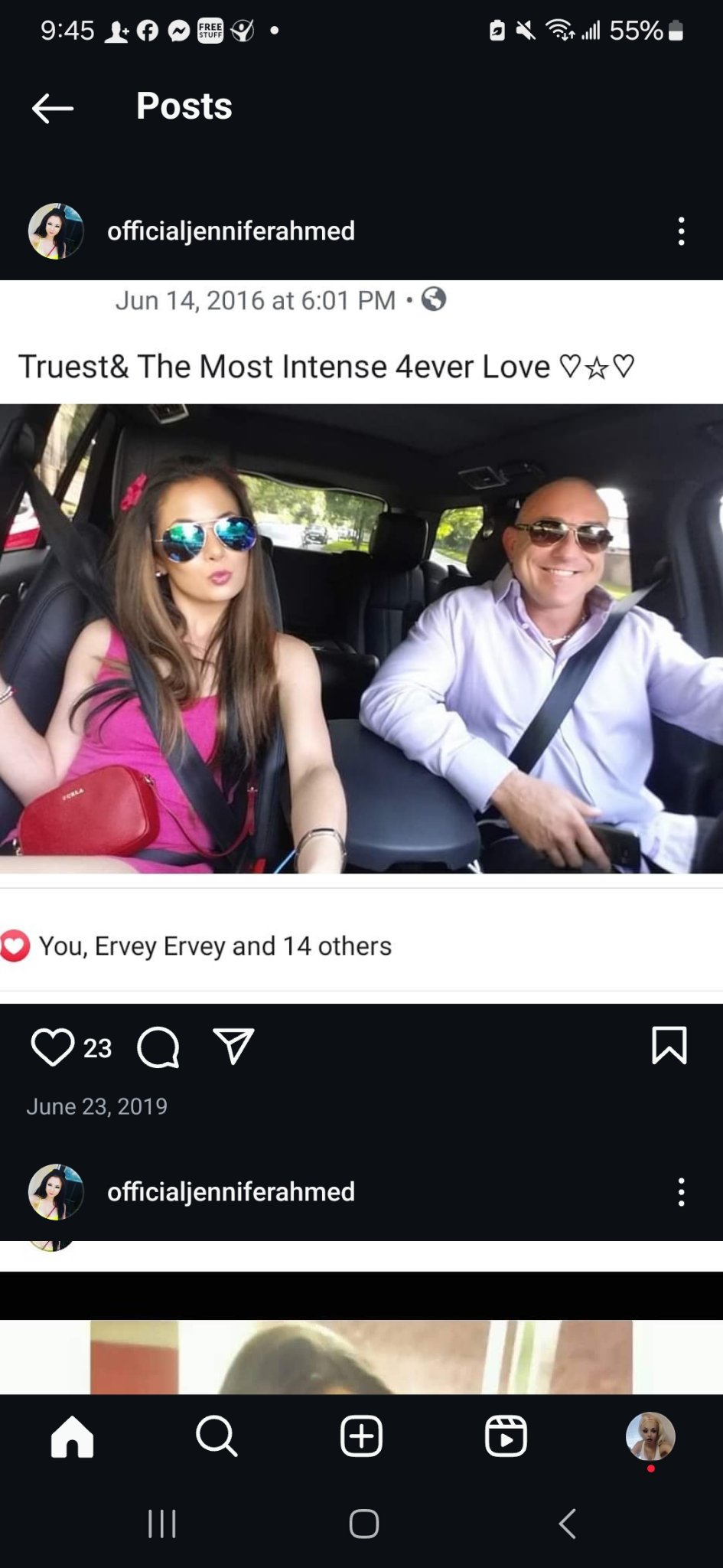 Jennifer Jorgensen Ahmed in a car with a companion wearing sunglasses, from her Instagram