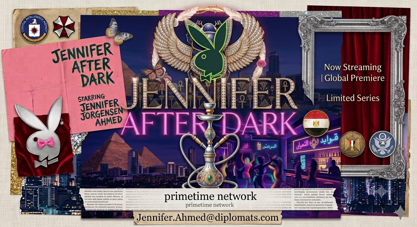Jennifer After Dark landscape collage with pyramids, a jeweled hookah, and nightlife