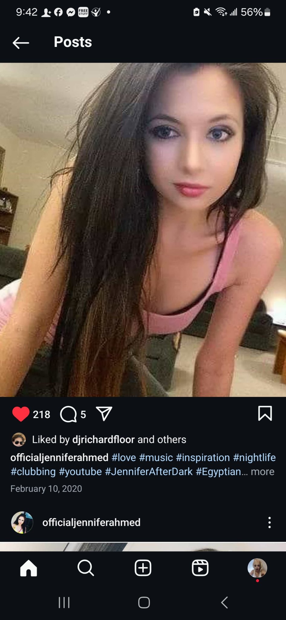 Jennifer Jorgensen Ahmed in a pink top with long dark hair, from her Instagram