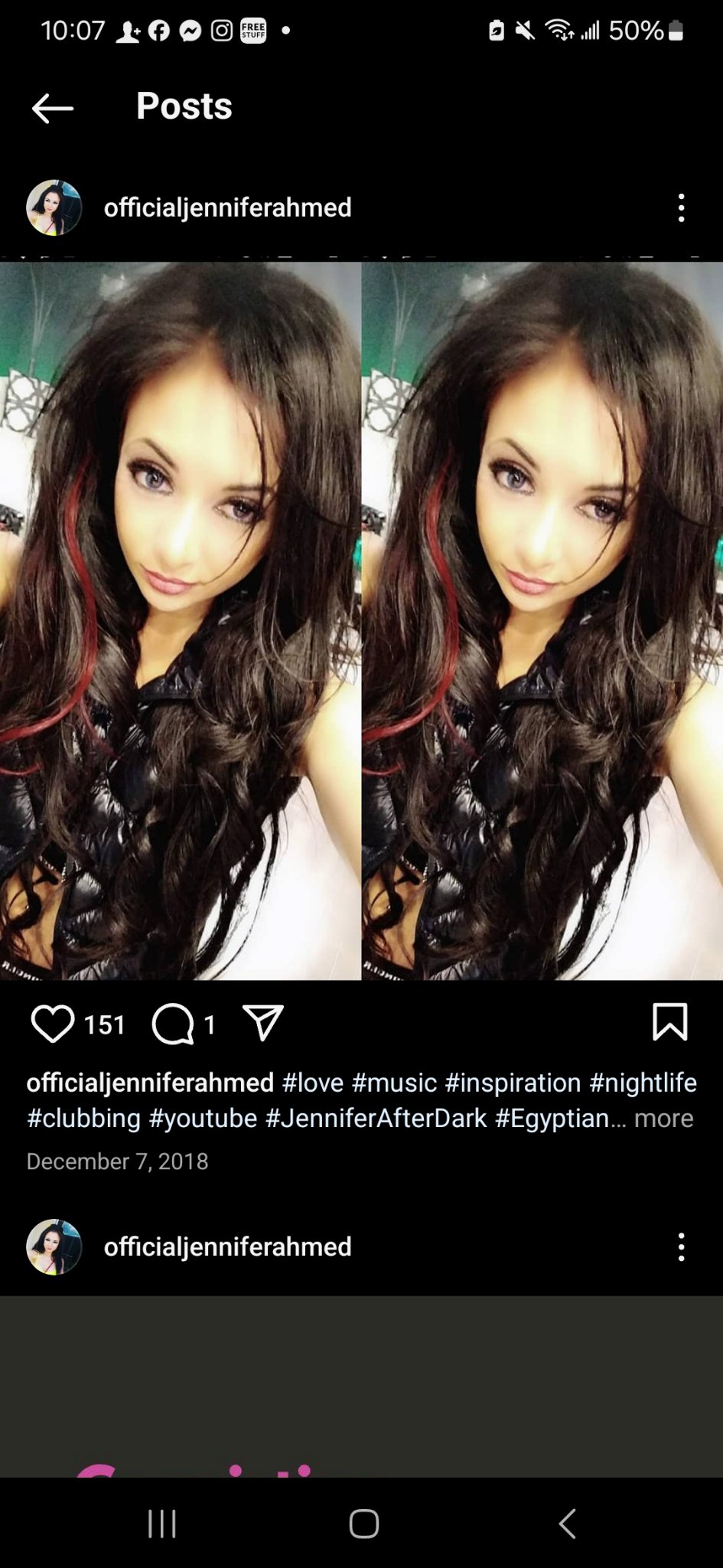 Jennifer Jorgensen Ahmed doubled selfie portrait with dark wavy hair and a red streak, from her Instagram