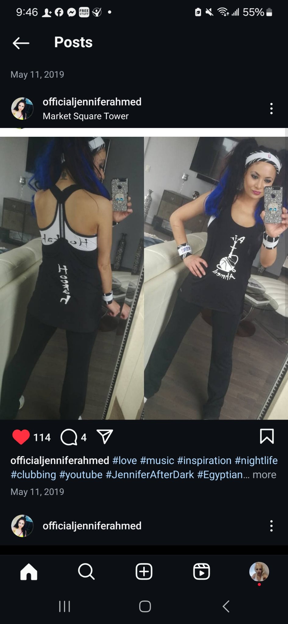 Jennifer Jorgensen Ahmed with blue-streaked hair in a hookah tank top taking mirror selfies at Market Square Tower, from her Instagram